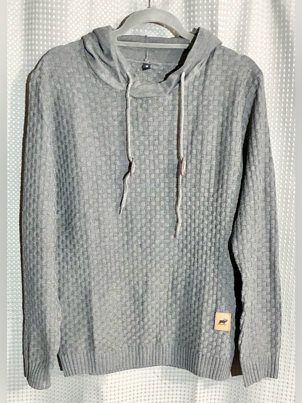 Abercrombie & Fitch Gray Waffle Knit Hoodie Sweater Sz M Leather Accents Cozy
